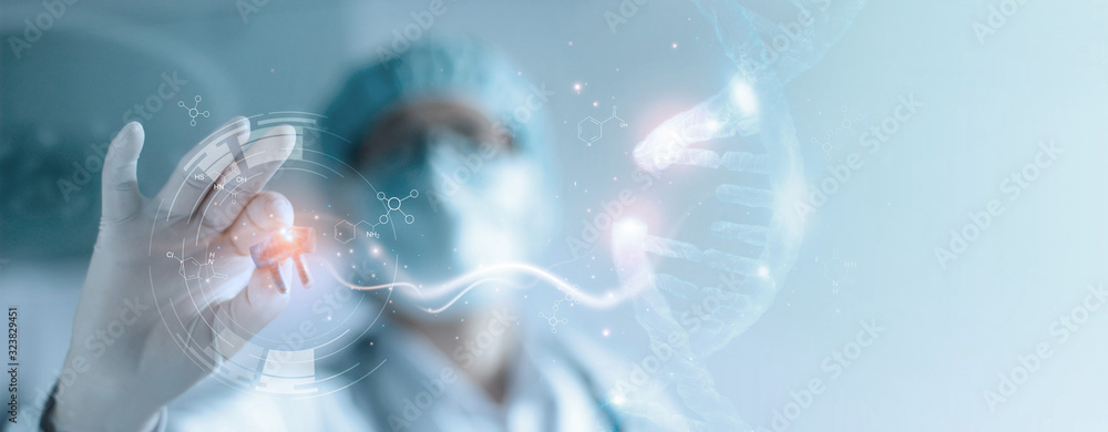 Wall mural abstract luminous dna molecule. hand of doctor touching and cut dna for checking with analysis chrom