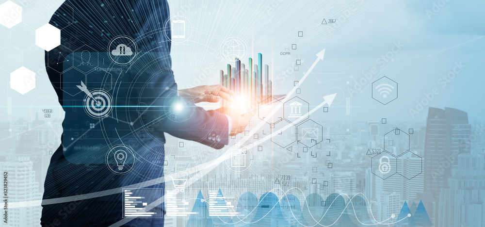 Poster Businessman using tablet analyzing sales data and economic growth graph chart. Business strategy. Abstract icon. Digital marketing.