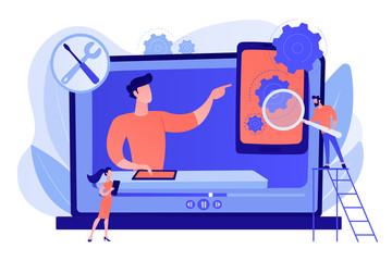 Portable electronic device video feedbacks online channel. Technical review, device buying advice, latest technology news and reviews concept. Pinkish coral bluevector isolated illustration