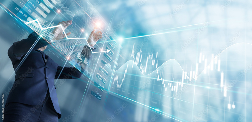 Poster businessman touching finance growth and graph chart analysing diagram sale data, stock market and cu