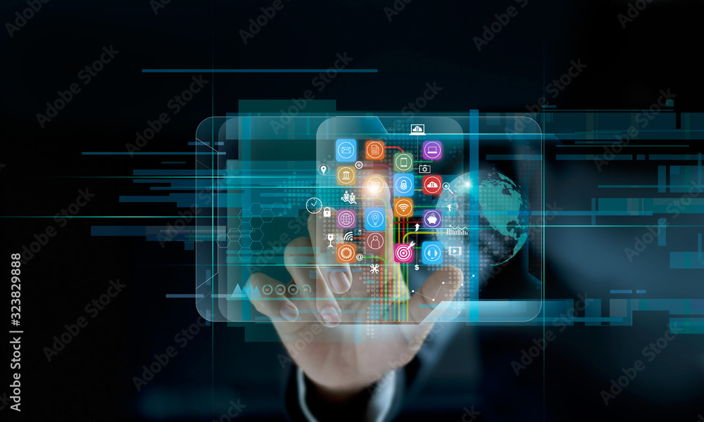 Poster Businessman touching icon customer global networking connection on virtual screen, banking network, payment, online shopping and  digital marketing.