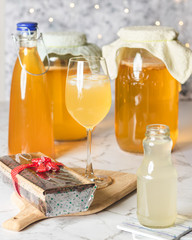 Kombucha, cake, and lemonade