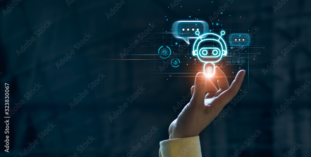 Poster Hand touching digital chatbot for provide access to information and data in online network, robot application and global connection, AI, Artificial intelligence, innovation and technology.