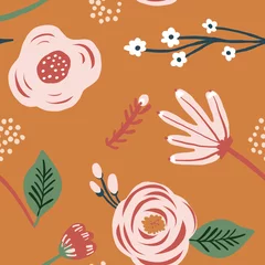Zelfklevend Fotobehang Seamless pink flower floral leaf pattern. Stylish repeating texture. Orange background with pink flowers. Trendy. Botanical. © alicia
