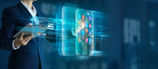 Businessman holding tablet with touching icon digital marketing  global network conncetion and...