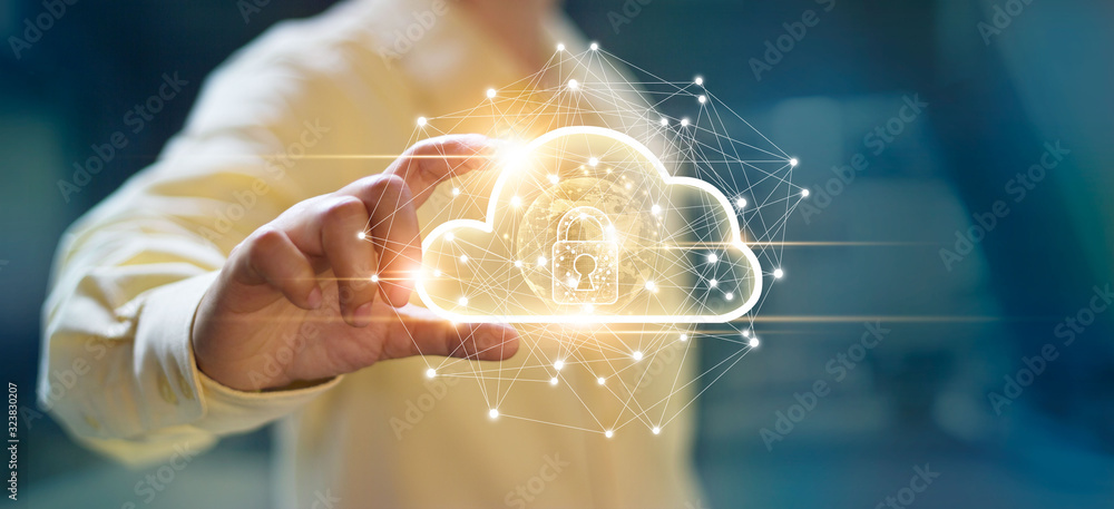 Poster  Man holding cloud computing data and security on global networking, Cloud technology of business.