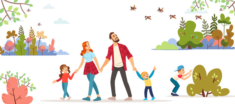 Spring. Family day. Image of hiking. a short trip. Spring landscape. Young family with toddler and children walking in park outdoor with cityscape background cartoon vector illustration.
