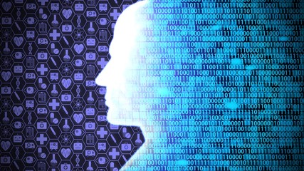 AI Computing and Thinking Medical Technology HUD including Binary Code with Head Shape Background Ver.1 of 3 (Full Screen)