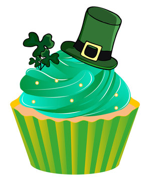 St. Patrick's Day Irish Hat on Cupcake and Clover Illustration Isolated on White Background Vector.