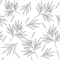 Bamboo leaves black outline white background, seamless pattern on nature theme, vector illustration