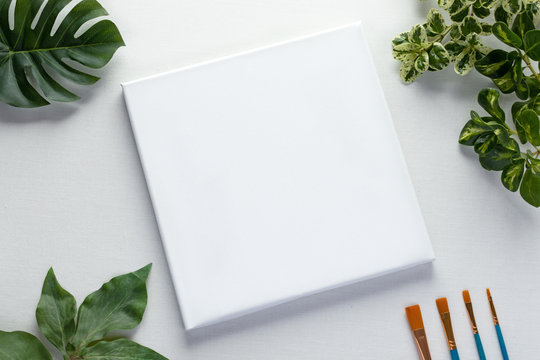 Blank stretched 10 x 10 white canvas on an ivory background surrounded by green leaves and paint brushes - eco painting mockup concept