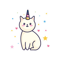 cute cat unicorn fantasy with hearts and stars decoration vector illustration design