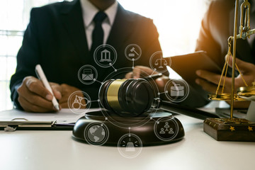 Judge gavel with Justice lawyers, Consultation of Businessman or lawyer team meeting with client, Law and Legal services concept