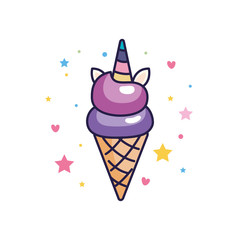 cute unicorn ice cream with hearts and stars decoration vector illustration design