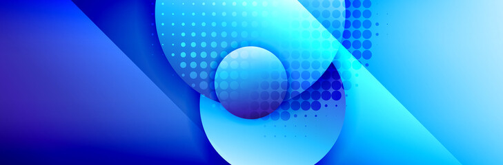 Dynamic trendy geometrical abstract background. Circles, round shapes 3d shadow effects and fluid gradients. Modern overlapping round forms