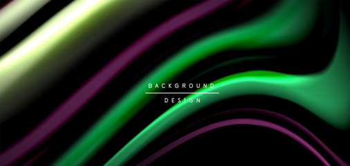 Abstract silk smooth lines on black, multicolored liquid fluid rainbow style waves on black