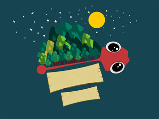 Illustration of red fishbone has a tree, a star and a yellow moon at the top and a wood hanging at the bottom. (cartoon style)