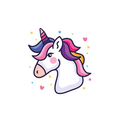 head of cute unicorn fantasy with hearts and stars decoration vector illustration design