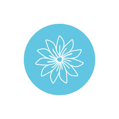 Flower inside blue circle line block style icon set vector design