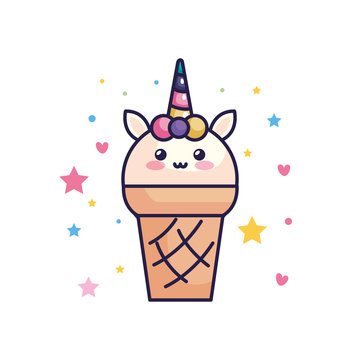 cute unicorn ice cream with hearts and stars decoration vector illustration design