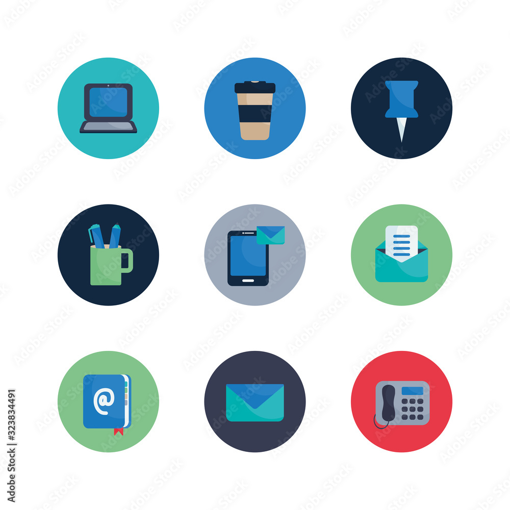 Poster isolated office flat block style icon set vector design
