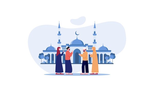 Happy eid mubarak, ramadan mubarak greeting concept with people character illustration