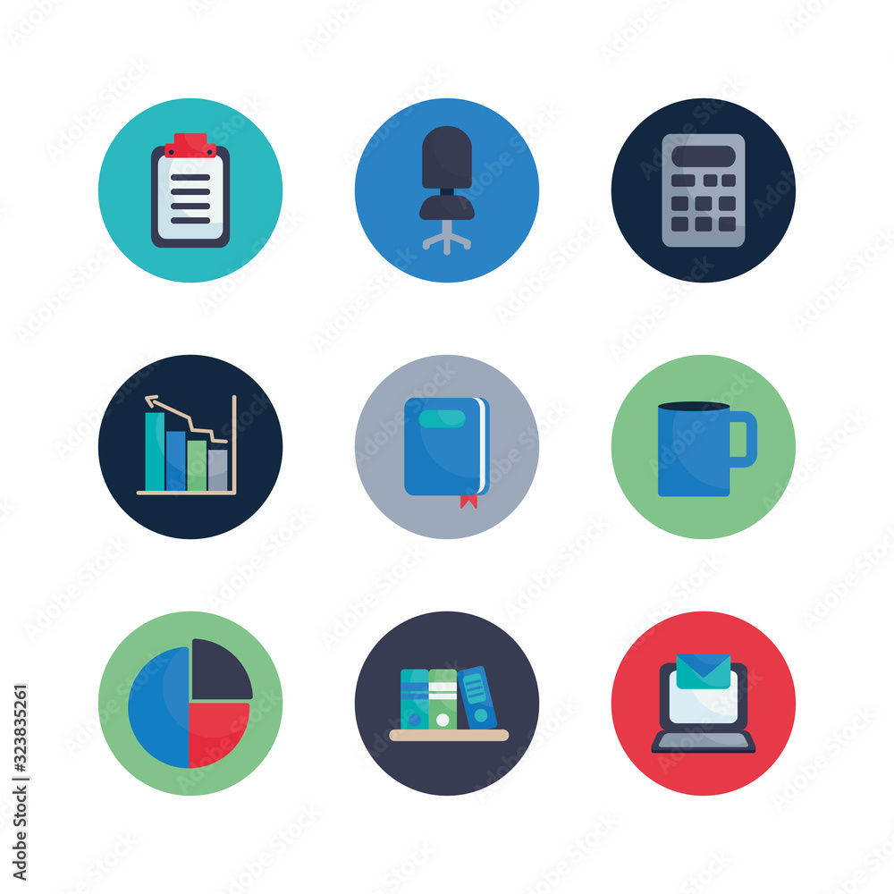 Poster isolated office flat block style icon set vector design