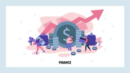 Money growth and investment concept. People invest money in business and market. Cash, dollar sign, coins. Vector web site design template. Landing page website concept illustration