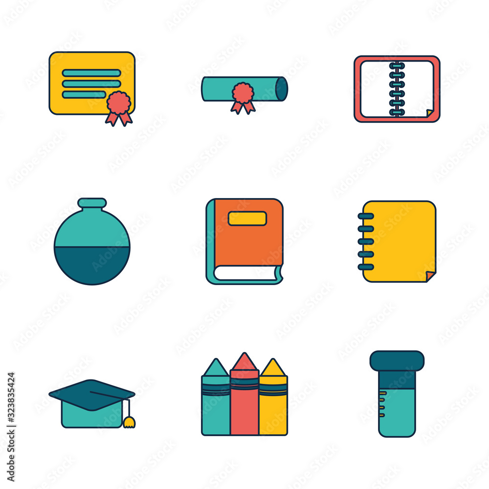 Poster isolated school line fill style icon set vector design