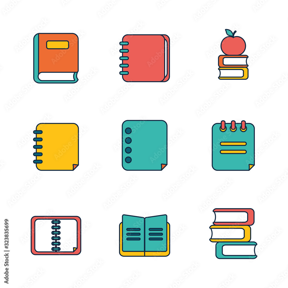 Poster isolated school line fill style icon set vector design