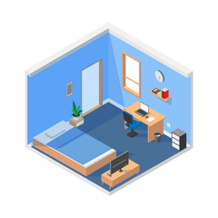isometric room interior. room interior icons with beds, desks, computers, bookshelves and other room equipment - illustration vector