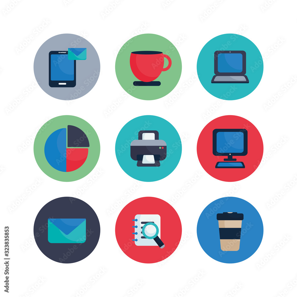 Poster isolated office flat block style icon set vector design