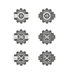 Set of black and white logos for service and repair. Vector illustration of gear, nut, hammer and wrench with text on a white background. Workshop logo.