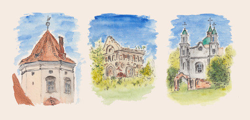 Watercolor stock pictures collection of historical buildings Architecture sketch paintings of Eastern European castle, glacier, and church. Concept for Easter decorations, wallpaper, post cards art.