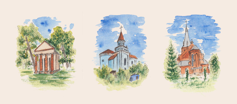 Stock pictures of historical buildings. Collection of historical buildings. Watercolor sketch paintings of Eastern European castle, glacier, and church. Concept for easter, postcards, wallpapers, art.
