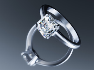 Asscher solitaire engagement diamond ring on gray glossy background