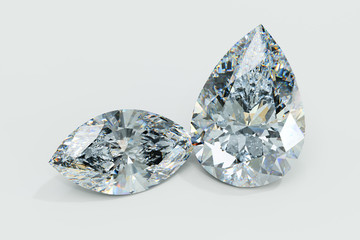 Marquise, pear cut diamonds on white background