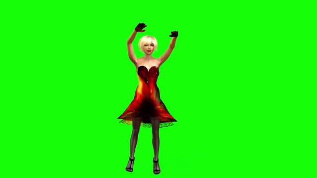 4k 3d Animation of a pretty blonde girl in a fashion red dress, raises her arms in greeting.