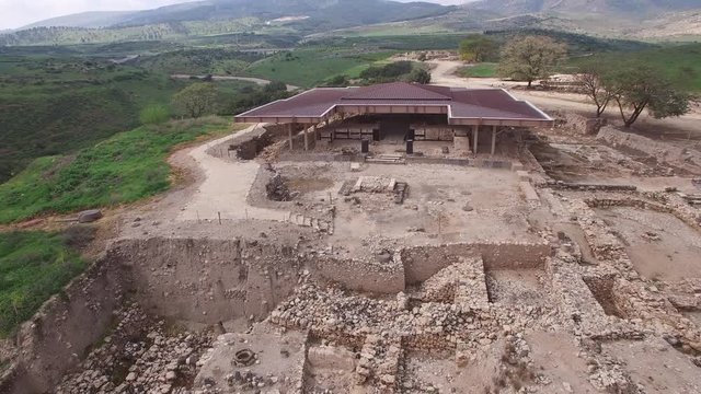 Aerial of Salomon's gate and wall at Tel Hazor ruins. Israel. DJI-0001-09