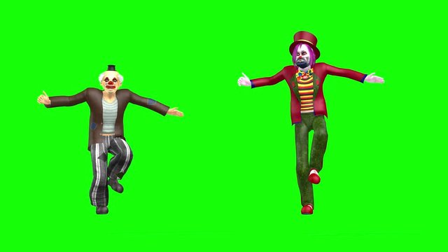 4k 3d animation of two clowns in colourful clothes dancing in street dance style