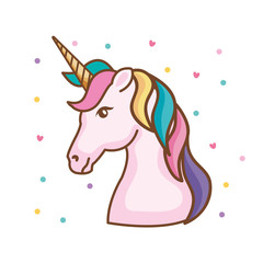 head of cute unicorn fantasy with hearts decoration vector illustration design