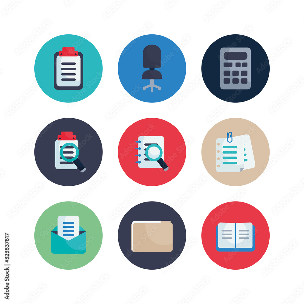 Poster isolated office flat block style icon set vector design