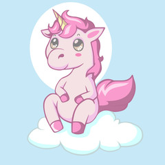 Cute kawaii unicorn pony cartoon sitting on clouds
