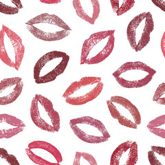 Lipstick kiss. Nice seamless pattern. Joyful design. Lips traces isolated on white background. Imprint real female lips. Fashion makeup. Endless lips prints. Romantic kisses. Repeating texture mouth 
