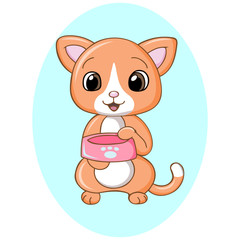 Obraz premium Cute kawaii cat holding food bowl