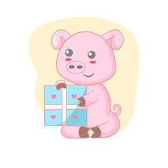 Cute little pig sitting and holding a gift