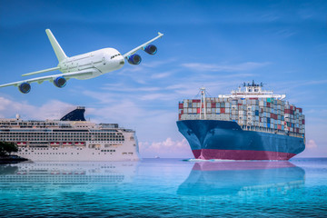 Container cargo ships in export with stern Cruise ship sailing to port, and Logistics import export...
