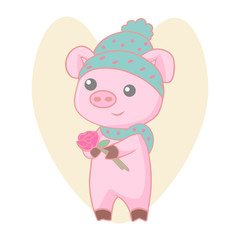 Cute little pig in winter hat and scarf with flower