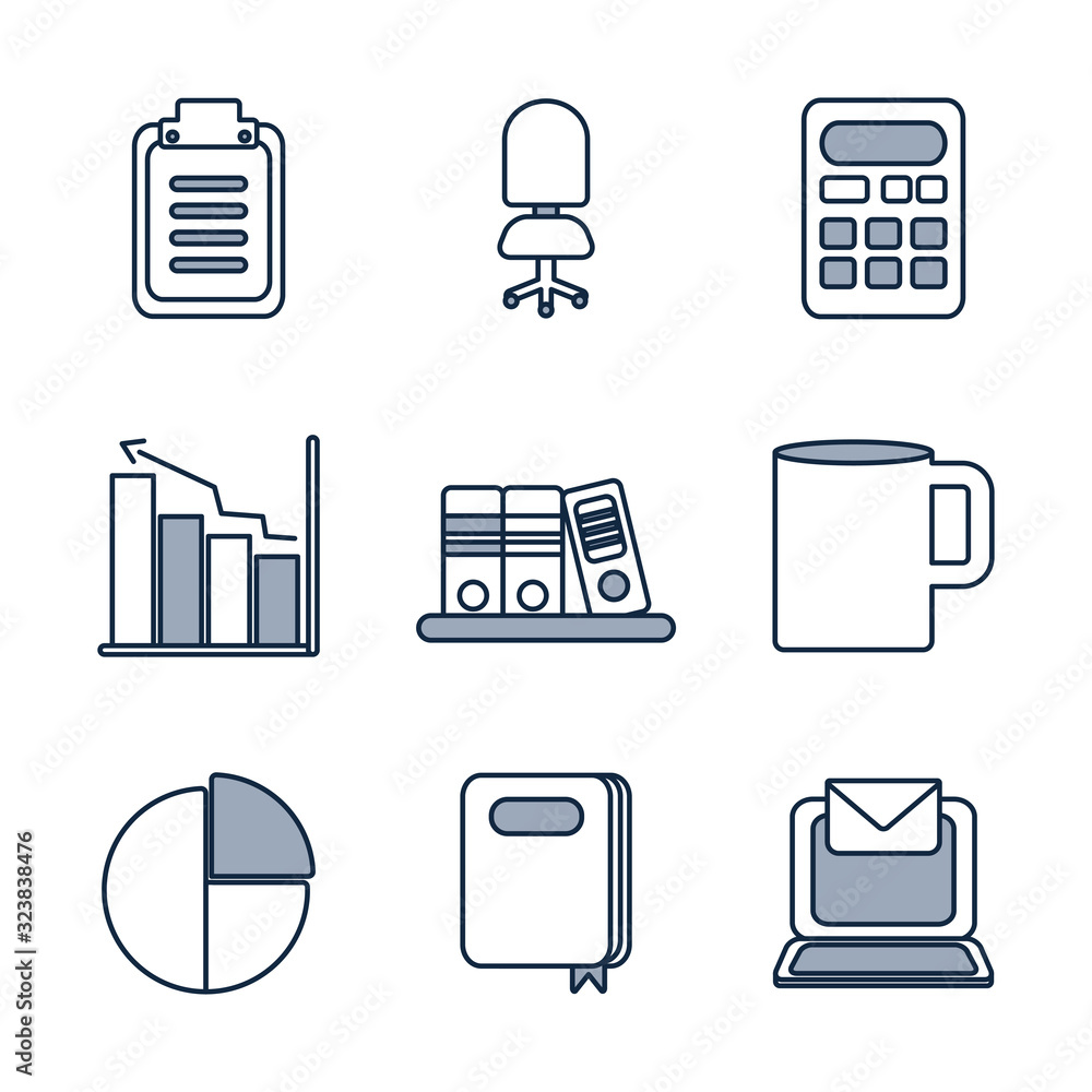 Poster isolated office half line half color style icon set vector design
