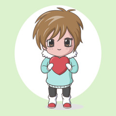 Cute kawaii little boy holding red heart